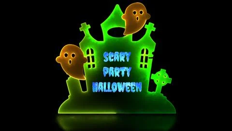 Neon glow effect loop ghost castle halloween black background Stock Illustration