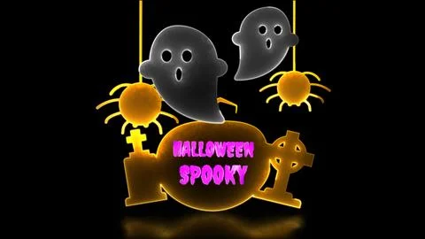 Neon glow effect loop ghost castle halloween black background Stock Illustration
