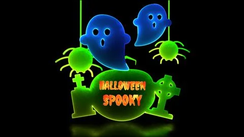 Neon glow effect loop ghost castle halloween black background Stock Illustration