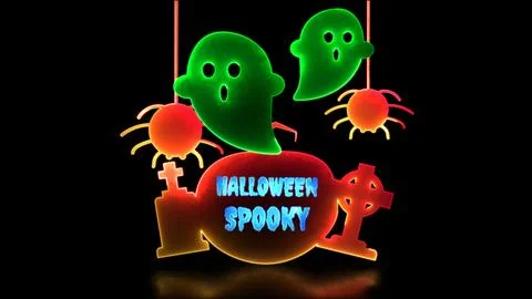 Neon glow effect loop ghost castle halloween black background Illustrazione stock