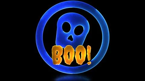 Neon glow effect loop halloween ghost skull icon black background Stock Illustration