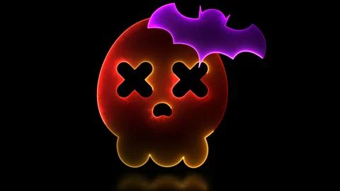 Neon glow effect loop halloween ghost skull icon black background Stock Illustration