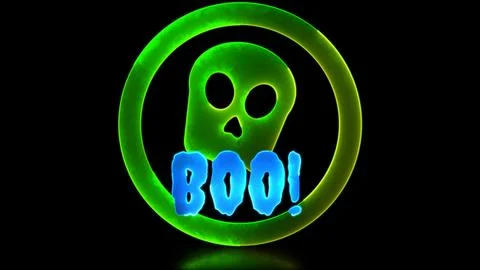 Neon glow effect loop halloween ghost skull icon black background Stock Illustration
