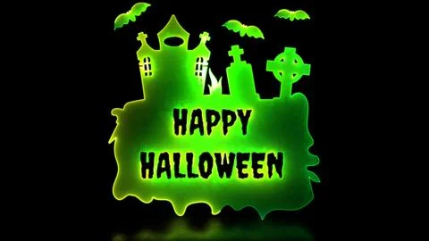 Neon glow effect looping grave and ghost Halloween black background Stock Illustration