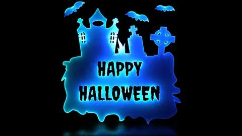 Neon glow effect looping grave and ghost Halloween black background Illustrazione stock