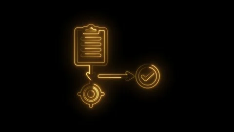 Neon glow flowchart process checklist target achieved success goal completion Stock Footage 333957770