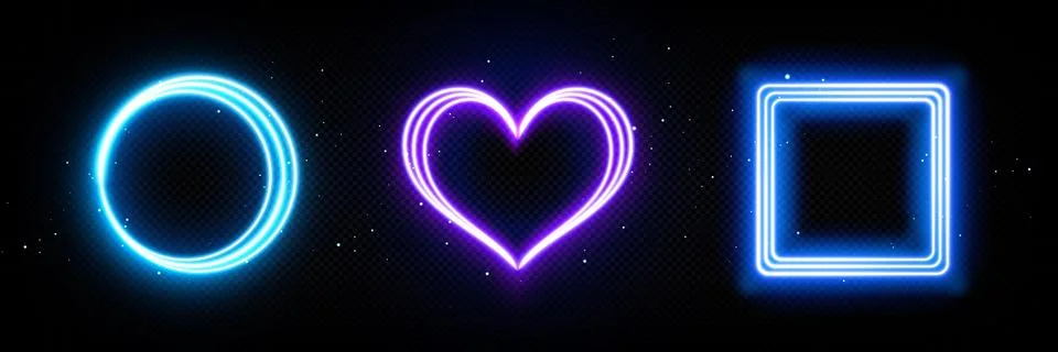 Neon glow frames circle, heart and square Illustrazione stock