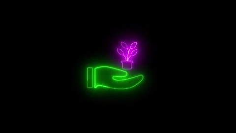Neon Glow: Hand with Tree Growing Icon Animation – 4K Nature Growth Motion. Stock Footage 286145116