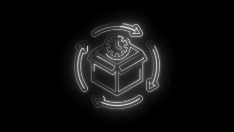 Neon glow icon of an open box with a clock inside surrounded by circular arrows Stock Footage 333960808