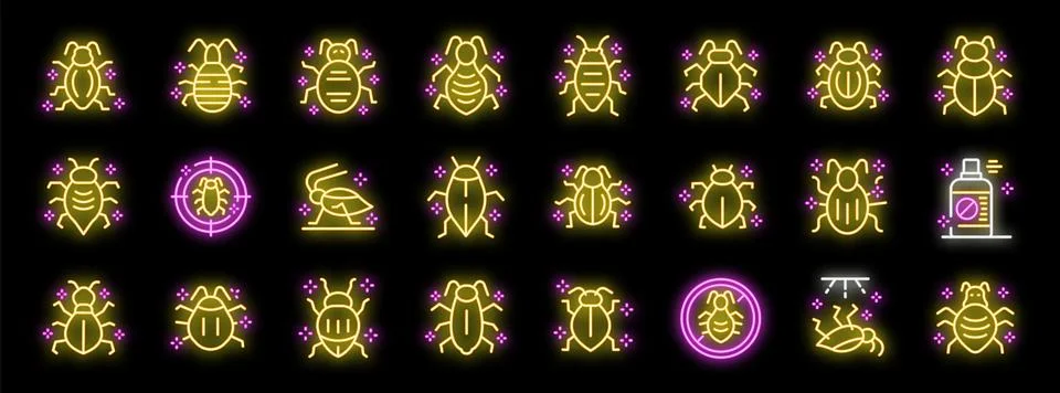 Neon glow icon set representing different types of bugs and pest control me.. Stock Illustration