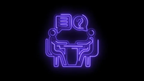 Neon glow interview discussion question mark conversation bubbles two people 動画素材 333957945
