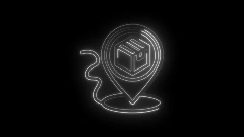 Neon glow location pin icon with 3d cube inside representing delivery logis.. Stock Footage 346104445