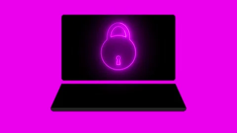 Neon Glow Lock Icon Animation on Laptop - Secure Digital Visual Stock Footage 286143049