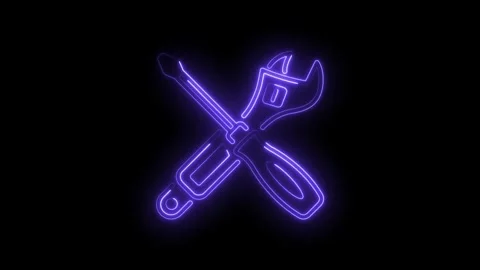 Neon glow outline of screwdriver and wrench tools isolated on black background Stock Footage 322995491