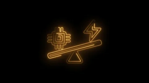 Neon glow processor chip versus lightning bolt on balance scale concept for Stock Footage 333952669