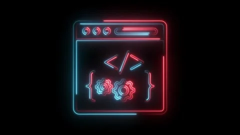 Neon glow programming window with gears coding concept on black background Stock Footage 322989527
