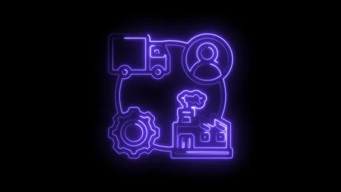 Neon glow supply chain logistics icon animation with truck factory gear and Stock Footage 333961016