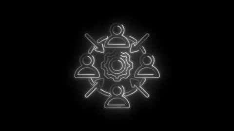 Neon glow team collaboration concept with people icons and central gear mec.. Stock Footage 346140060