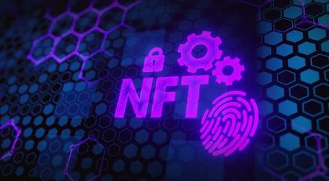 Neon glow text on computer mainboard circuit background. Concept of NFT 스톡 일러스트