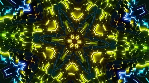 Neon Glow Waves in 3D Hexagon Kaleidoscope. Looped Animation Stock Footage 309944202