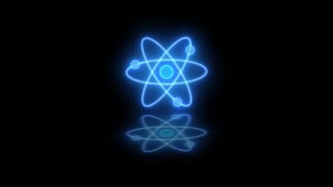 Neon glowing 3d atom loopable blue color in black background Stock Photos