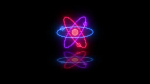 Neon glowing 3d atom loopable blue purple red color in black background Stock Photos