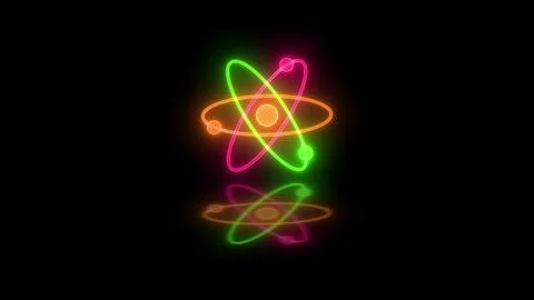 Neon glowing 3d atom loopable brown green pink color in black background Stock Photos
