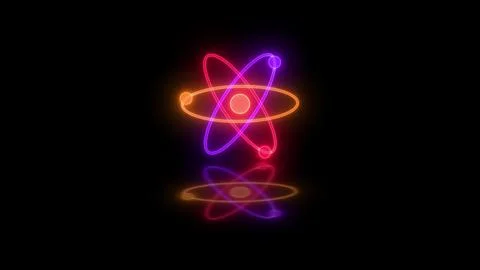 Neon glowing 3d atom loopable brown purple pink color in black background Stock Photos
