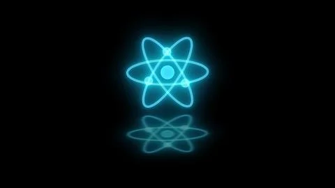 Neon glowing 3d atom loopable cyan color in black background Stock Photos