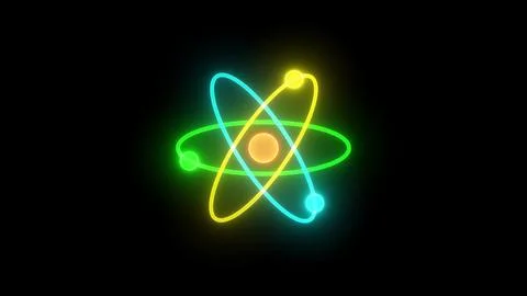 Neon glowing 3d atom loopable cyan green yellow color in black background Stock Photos