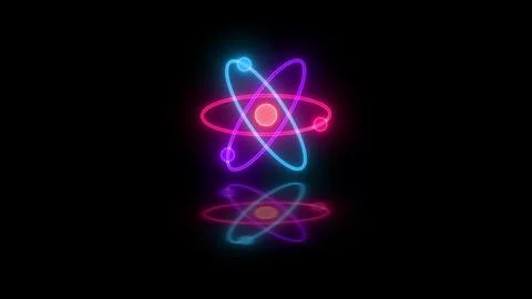 Neon glowing 3d atom loopable cyan purple pink color in black background Stock Photos