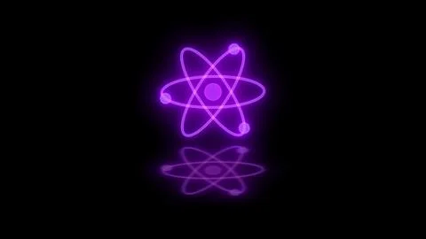 Neon glowing 3d atom loopable purple color in black background Stock Photos