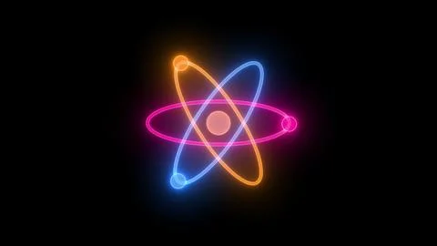 Neon glowing 3d atom loopable purple color in black background Stock Photos