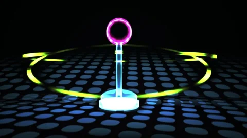Neon Glowing 3d Ring Object Rotates on a Digital Dot Grid for Tech Concepts Stock Footage 343736026