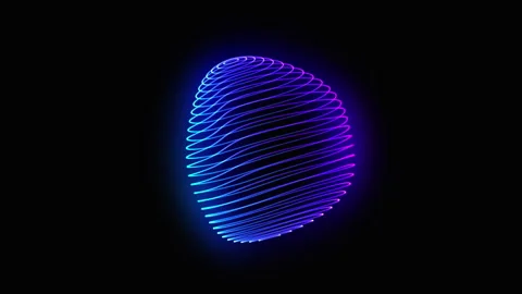 Neon glowing 3d sphere of blue and purple gradient strings flowing Video stock 307939028