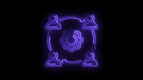 Neon glowing abstract cyclical process with four human figures and central gear Stock Footage 333965676