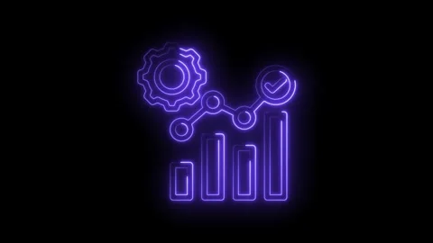 Neon glowing abstract data analysis graph with gear and checkmark on icon black 库存影片 333961026