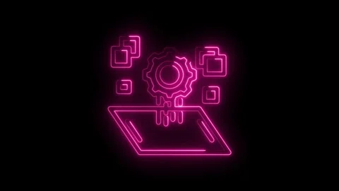 Neon glowing abstract digital interface with rotating gear and data blocks .. Stock Footage 346123559