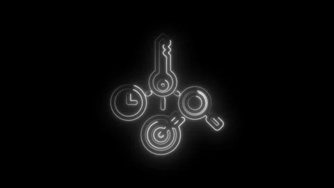 Neon glowing abstract icons representing search key time and target concept for Stock Footage 333957499