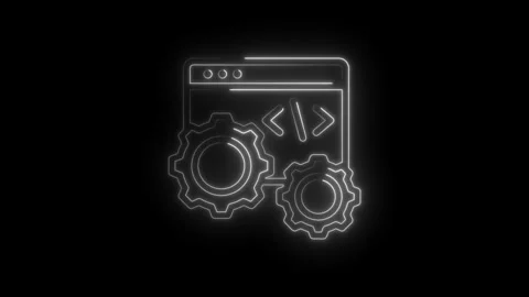 Neon glowing abstract interface with gears and code symbols on icon black b.. Stock Footage 346825737