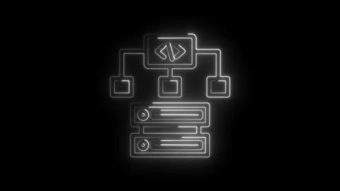 Neon glowing abstract network diagram with coding symbol and server racks d.. Stock Footage 346826331