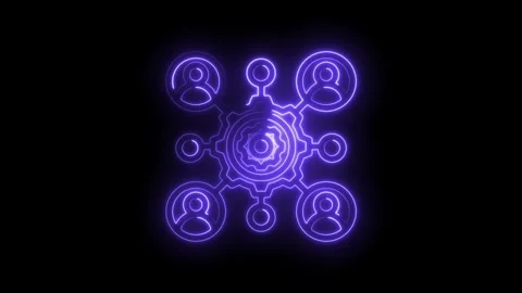 Neon glowing abstract network of people and gears connecting in a digital system Stock Footage 333970185