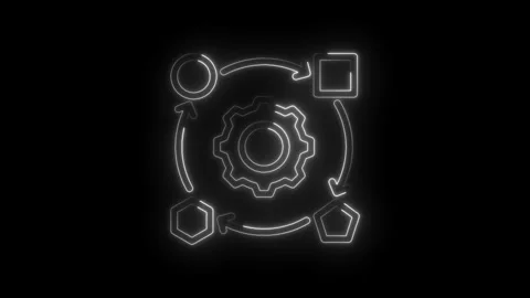 Neon glowing abstract process flow diagram with gear icon and geometric shapes Stock Footage 333952396
