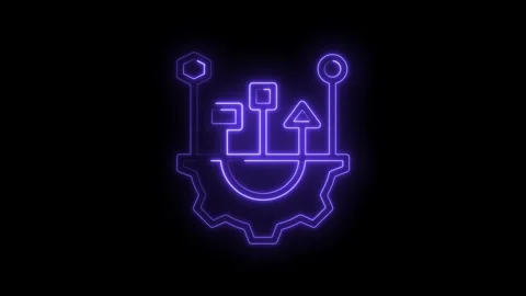 Neon glowing abstract process flow chart with gear and upward arrow representing Stock Footage 333952646
