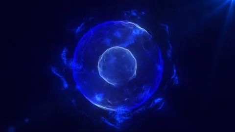 Neon glowing abstract sphere animation, futuristic blue particle field back.. Stock Illustration