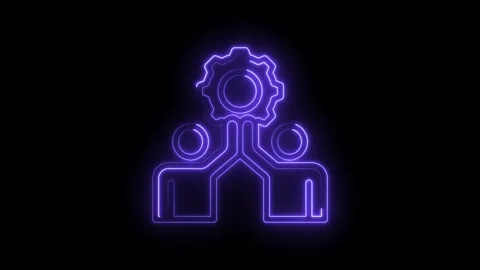 Neon glowing abstract symbol of two people merging with a gear representing Stock Footage 333955528