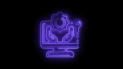 Neon glowing abstract technology icon with computer screen gears and key Stock Footage 333966903