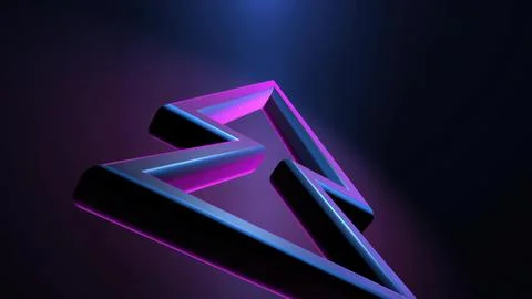 Neon glowing abstract triangle shape illuminating dark background Stock Photos