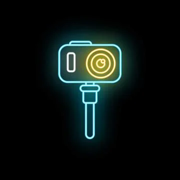 Neon glowing action camera on selfie stick icon Stockillustratie