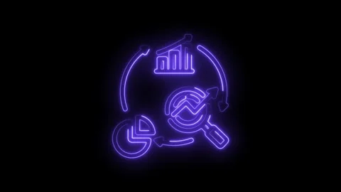 Neon glowing analytics cycle diagram with magnifying glass and upward trending Stock Footage 333957453